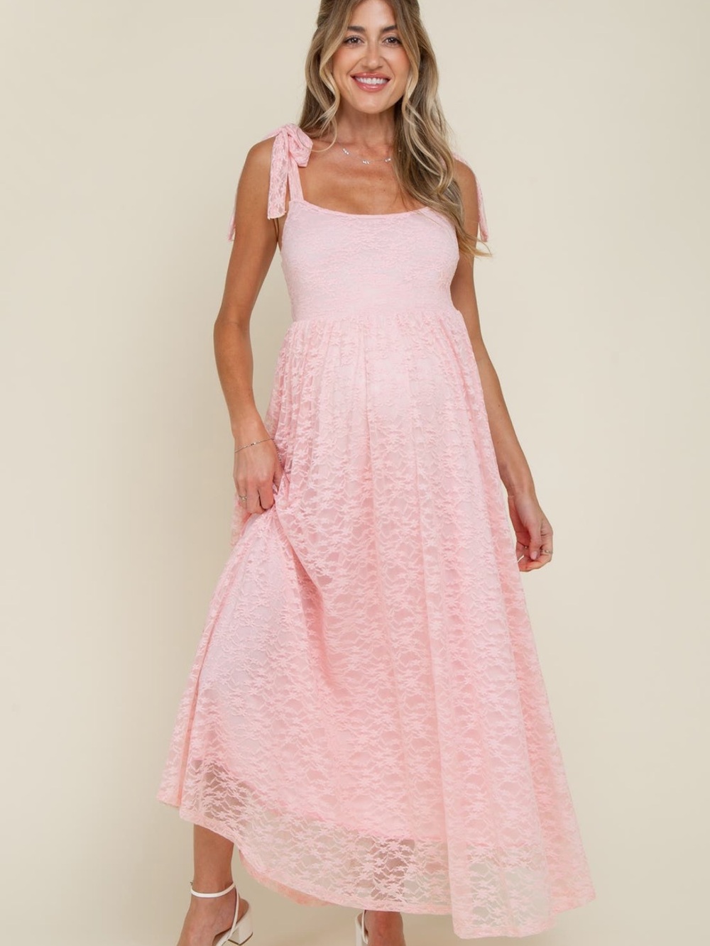 Light Pink Sleeveless Lace Maternity Maxi Dress
